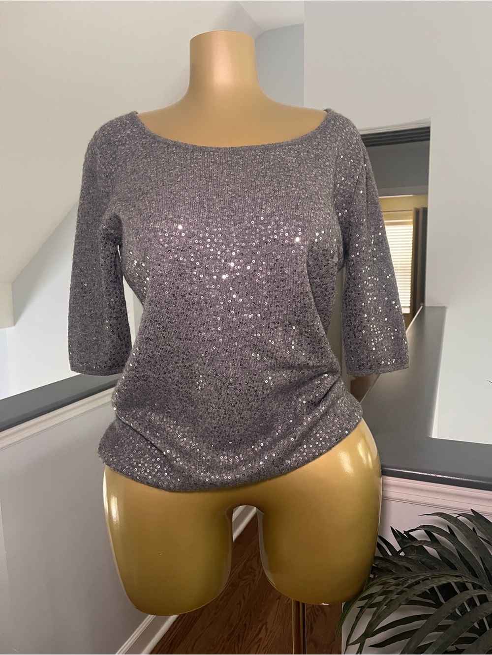 Neiman Marcus Silver Sequin Knit Boatneck Top